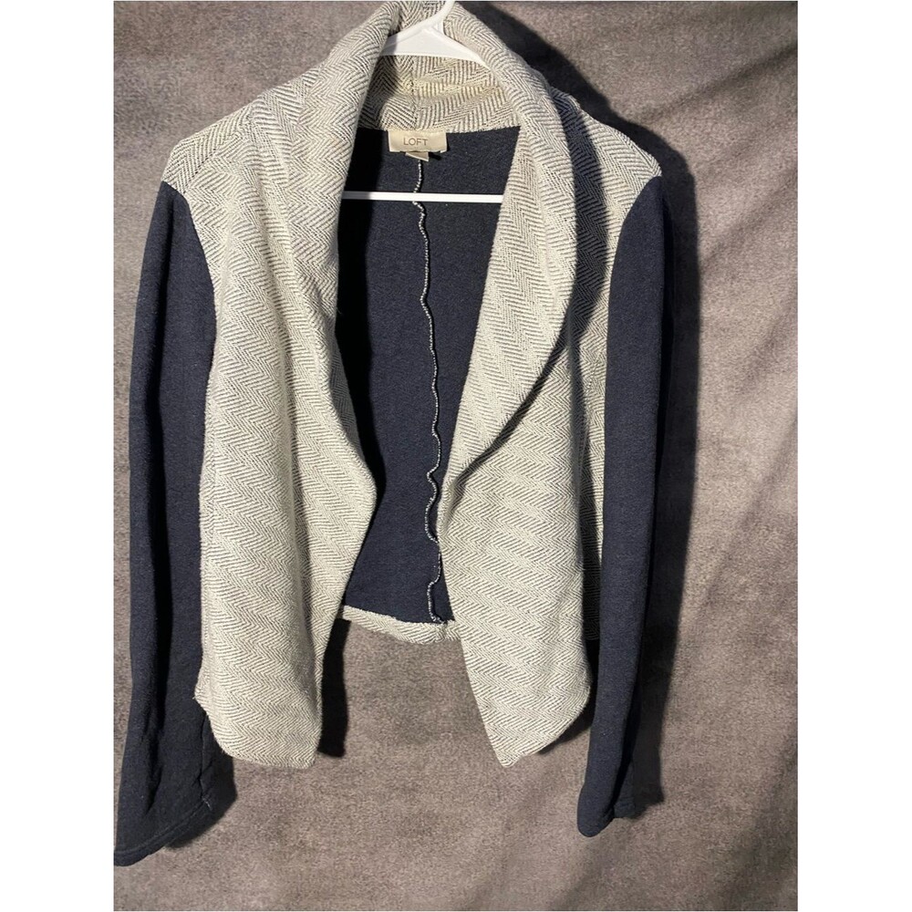 LOFT Chevron Herringbone Draped Open Front Jacket Cardigan Navy Grey Knit M